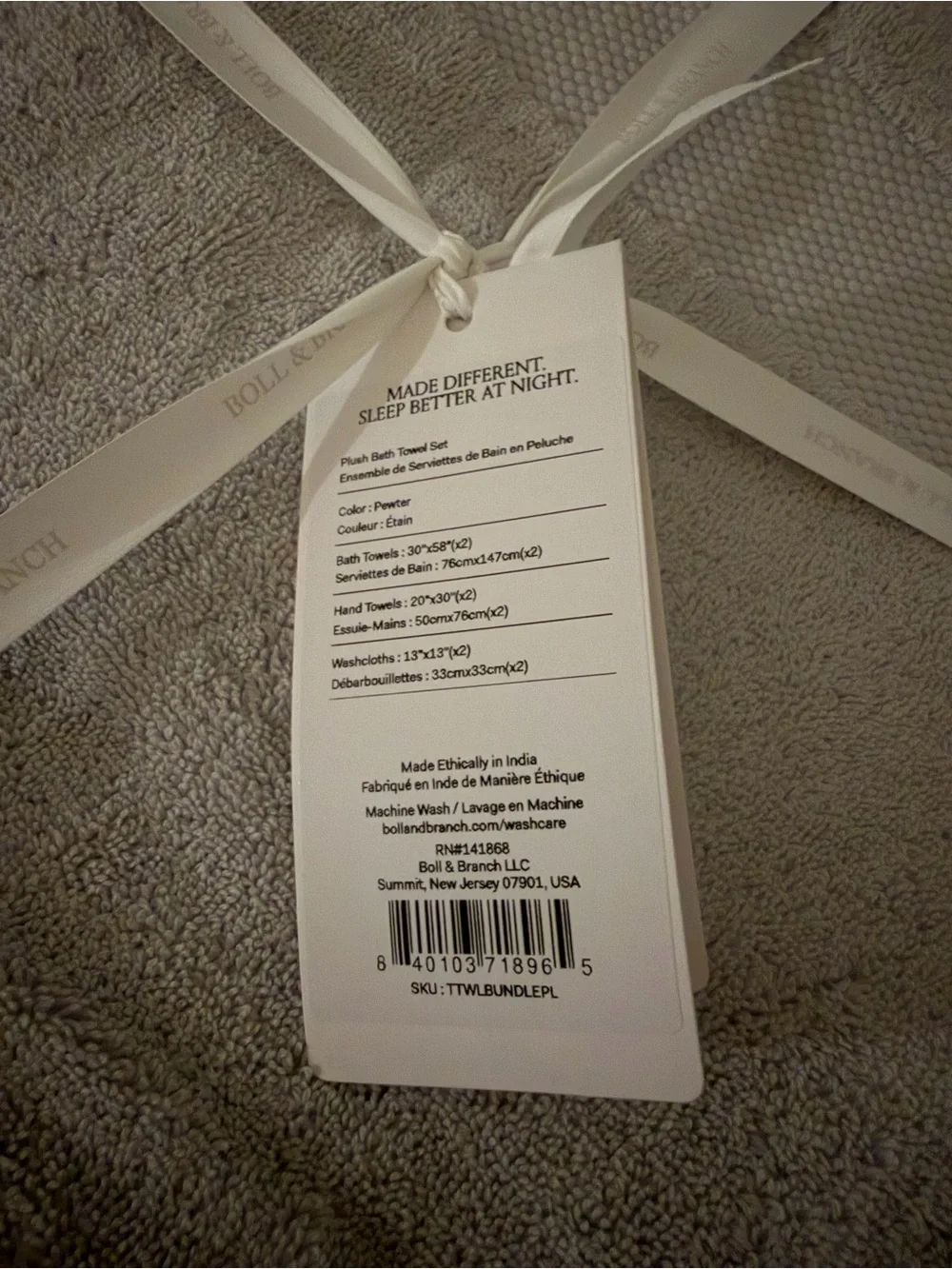 NWT Boll & Branch Plush Bath Towel Set new new new color pewter